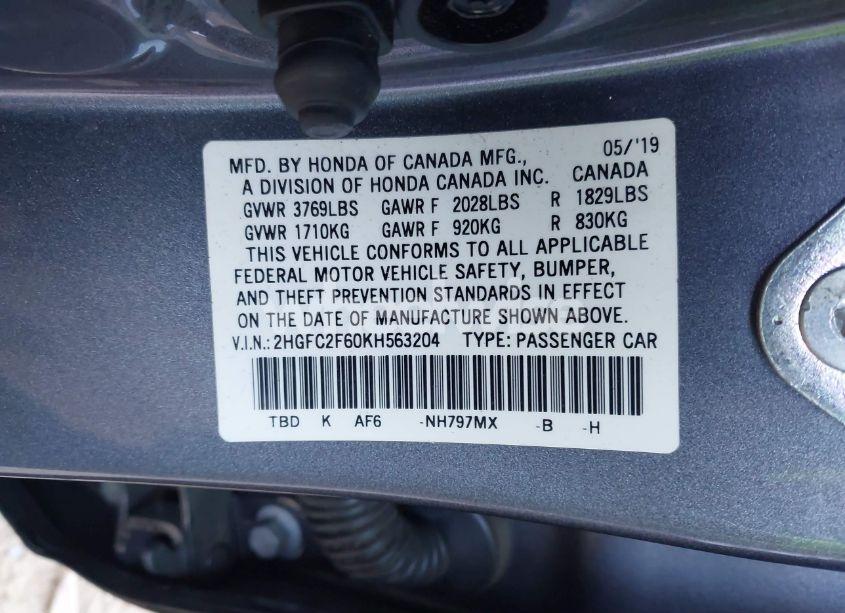 Photo 9 of 2019 Honda Civic LX (VIN 2HGFC2F60KH563204)