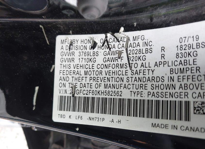 Photo 9 of 2019 Honda Civic LX (VIN 2HGFC2F60KH582562)