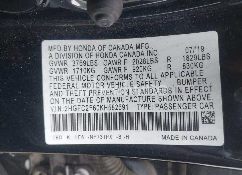 Photo 9 of 2019 Honda Civic LX (VIN 2HGFC2F60KH582691)