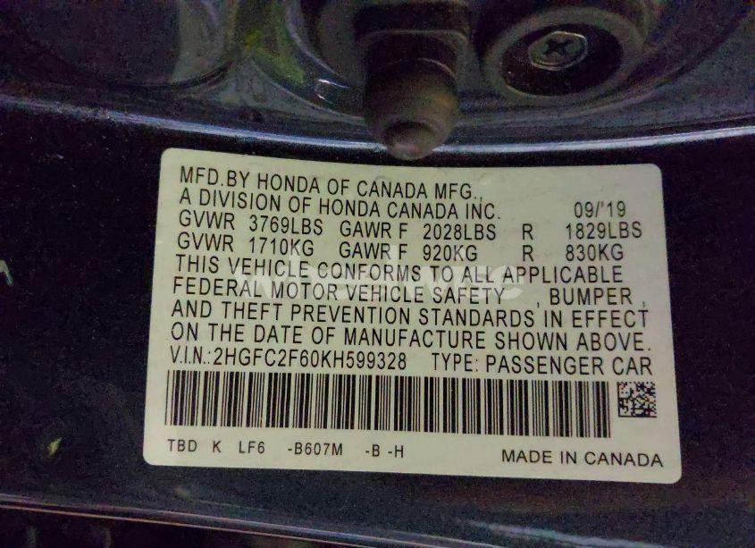 Photo 9 of 2019 Honda Civic LX (VIN 2HGFC2F60KH599328)