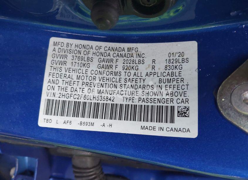 Photo 9 of 2020 Honda Civic LX (VIN 2HGFC2F60LH535842)