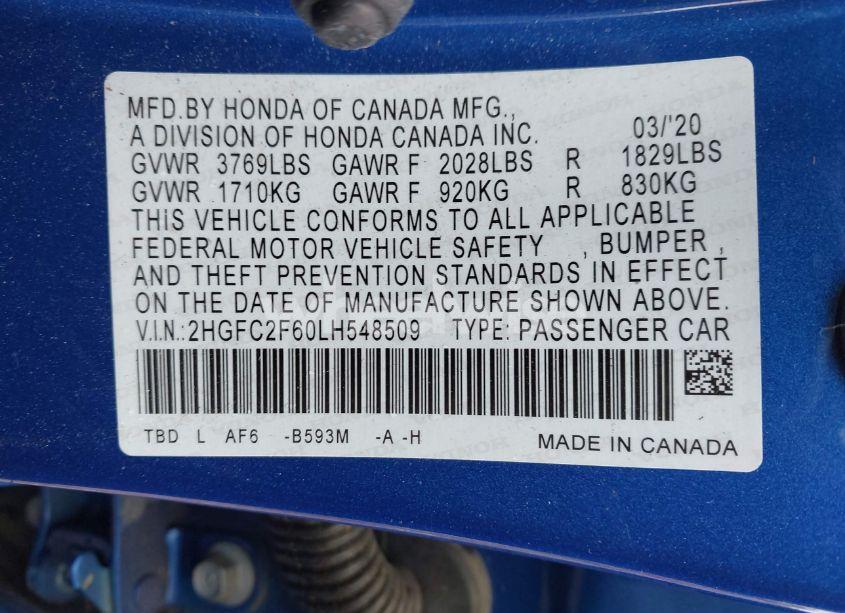 Photo 9 of 2020 Honda Civic LX (VIN 2HGFC2F60LH548509)
