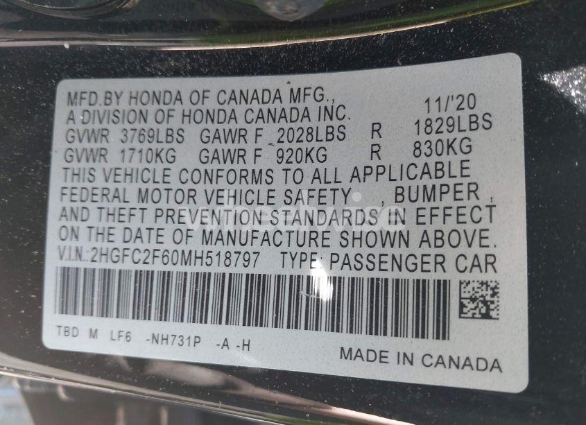 Photo 9 of 2021 Honda Civic LX (VIN 2HGFC2F60MH518797)