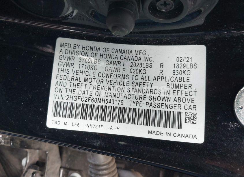 Photo 9 of 2021 Honda Civic LX (VIN 2HGFC2F60MH543179)