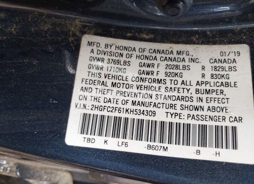 Photo 9 of 2019 Honda Civic LX (VIN 2HGFC2F61KH534309)