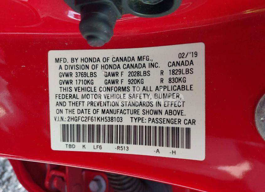 Photo 9 of 2019 Honda Civic LX (VIN 2HGFC2F61KH538103)