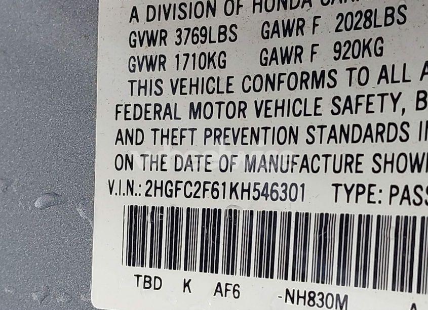 Photo 9 of 2019 Honda Civic LX (VIN 2HGFC2F61KH546301)