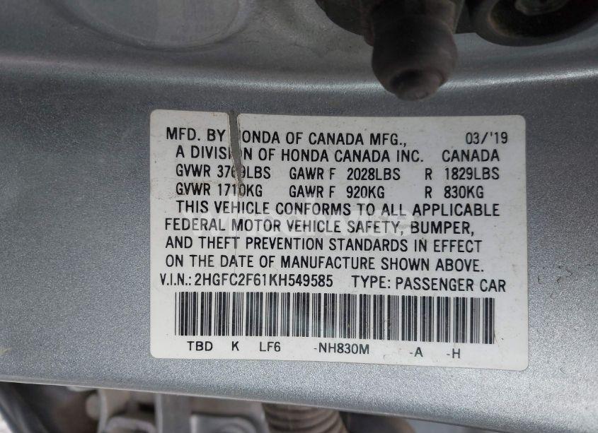 Photo 9 of 2019 Honda Civic LX (VIN 2HGFC2F61KH549585)