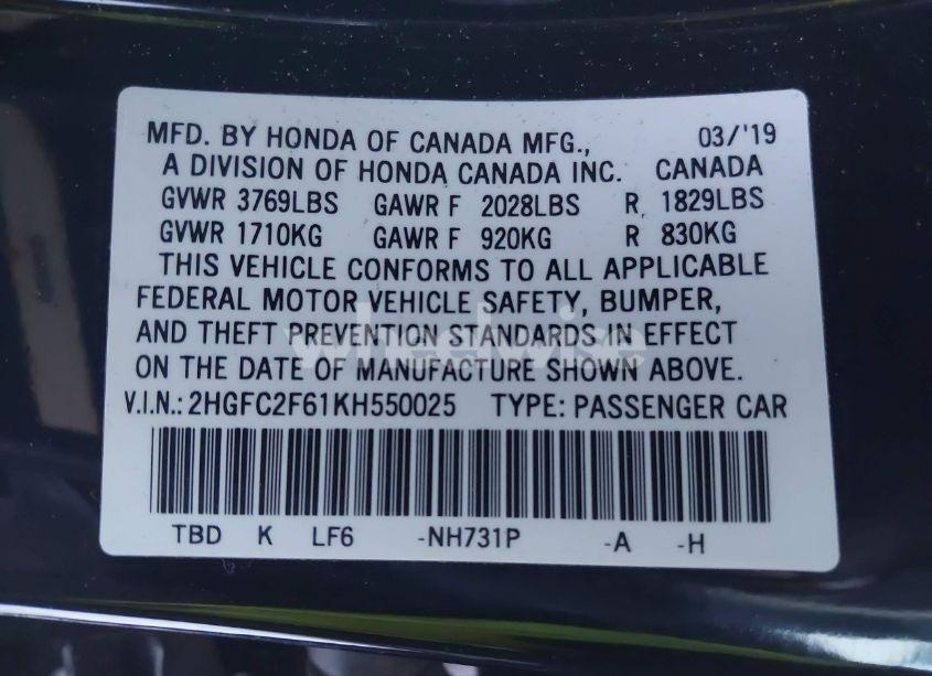 Photo 9 of 2019 Honda Civic LX (VIN 2HGFC2F61KH550025)