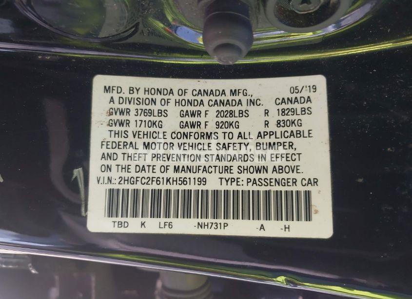 Photo 9 of 2019 Honda Civic LX (VIN 2HGFC2F61KH561199)