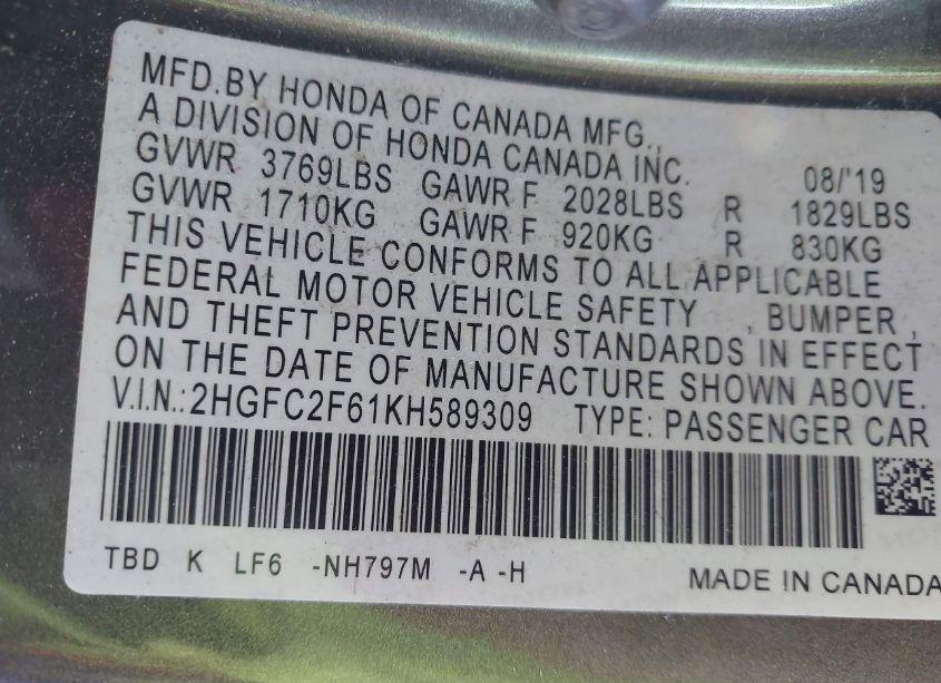 Photo 9 of 2019 Honda Civic LX (VIN 2HGFC2F61KH589309)