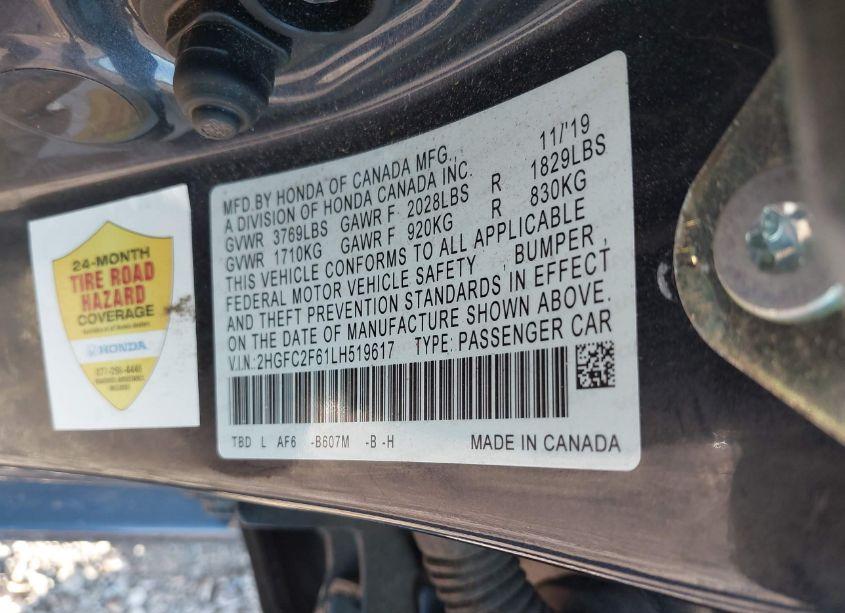 Photo 9 of 2020 Honda Civic LX (VIN 2HGFC2F61LH519617)