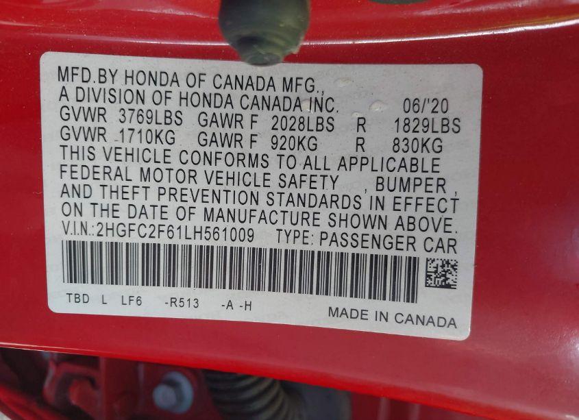 Photo 9 of 2020 Honda Civic LX (VIN 2HGFC2F61LH561009)