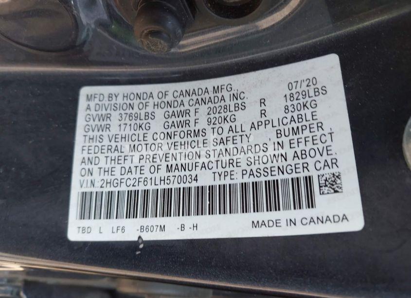 Photo 9 of 2020 Honda Civic LX (VIN 2HGFC2F61LH570034)