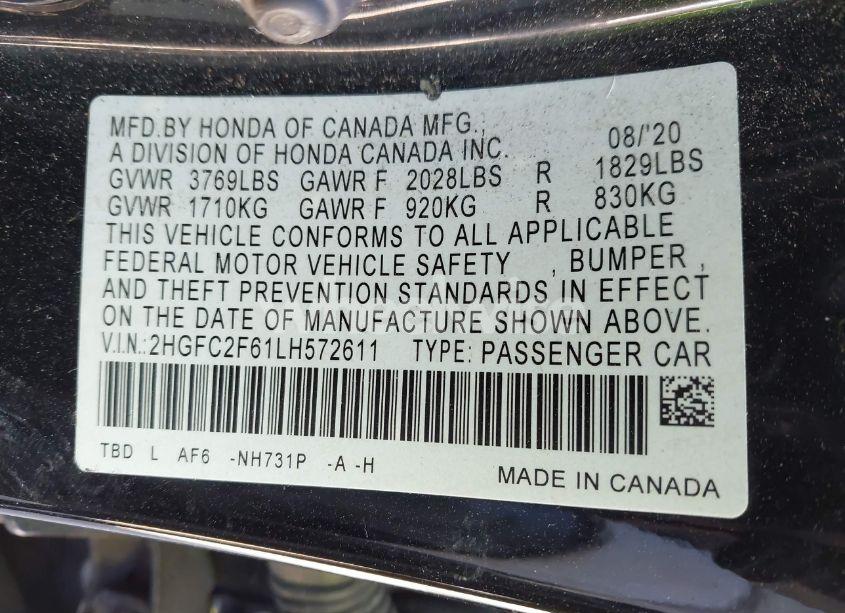 Photo 9 of 2020 Honda Civic LX (VIN 2HGFC2F61LH572611)
