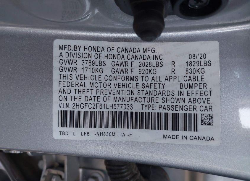 Photo 9 of 2020 Honda Civic LX (VIN 2HGFC2F61LH577033)