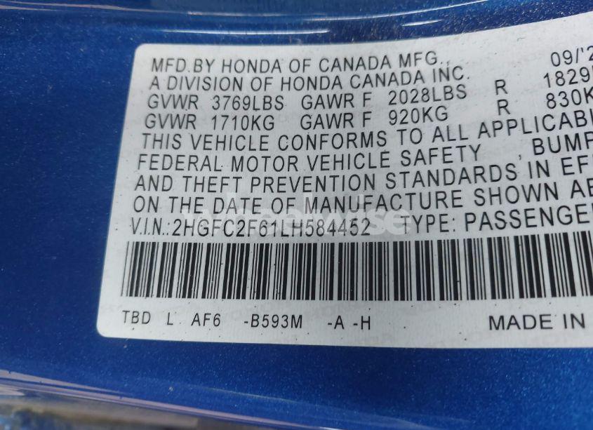 Photo 9 of 2020 Honda Civic LX (VIN 2HGFC2F61LH584452)
