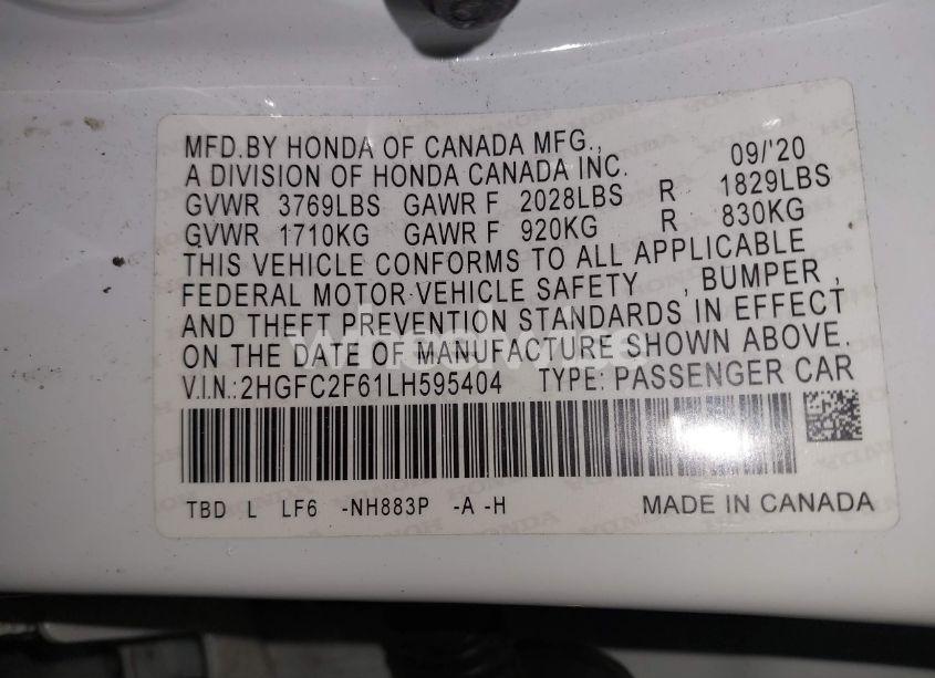 Photo 9 of 2020 Honda Civic LX (VIN 2HGFC2F61LH595404)