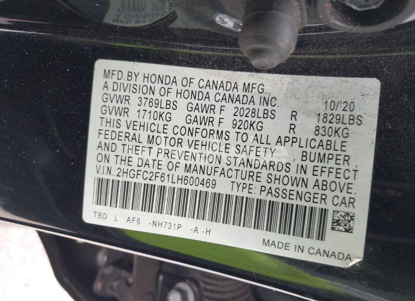 Photo 9 of 2020 Honda Civic LX (VIN 2HGFC2F61LH600469)