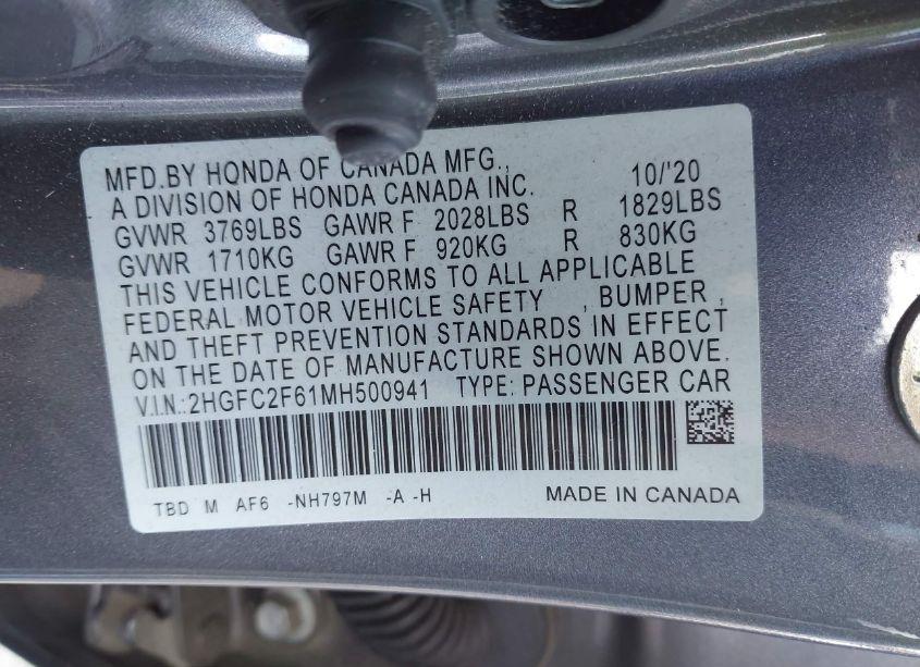 Photo 9 of 2021 Honda Civic LX (VIN 2HGFC2F61MH500941)
