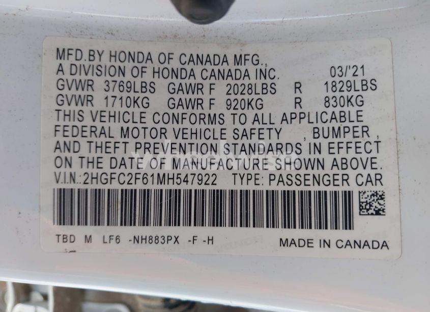 Photo 9 of 2021 Honda Civic LX (VIN 2HGFC2F61MH547922)