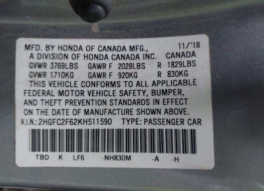 Photo 9 of 2019 Honda Civic LX (VIN 2HGFC2F62KH511590)