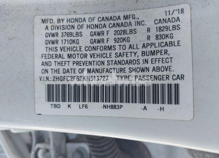 Photo 9 of 2019 Honda Civic LX (VIN 2HGFC2F62KH513727)