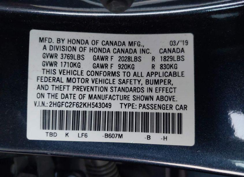 Photo 9 of 2019 Honda Civic LX (VIN 2HGFC2F62KH543049)