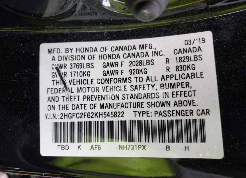 Photo 9 of 2019 Honda Civic LX (VIN 2HGFC2F62KH545822)