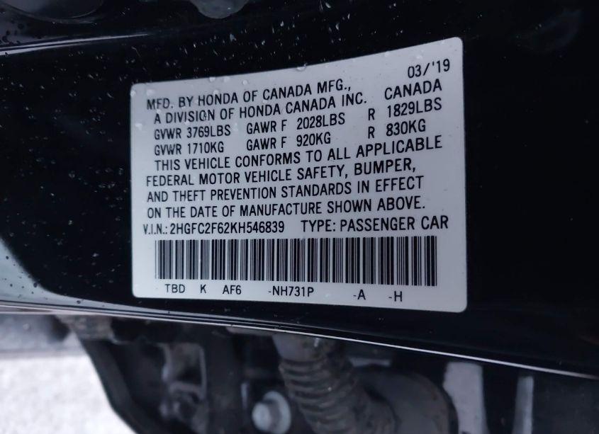 Photo 9 of 2019 Honda Civic LX (VIN 2HGFC2F62KH546839)