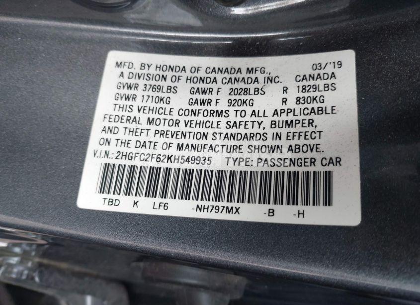 Photo 9 of 2019 Honda Civic LX (VIN 2HGFC2F62KH549935)
