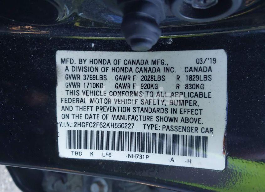 Photo 9 of 2019 Honda Civic LX (VIN 2HGFC2F62KH550227)