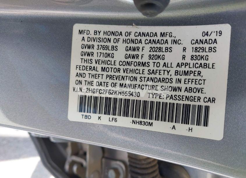 Photo 9 of 2019 Honda Civic LX (VIN 2HGFC2F62KH555430)