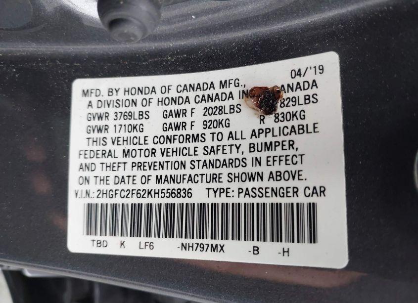 Photo 9 of 2019 Honda Civic LX (VIN 2HGFC2F62KH556836)