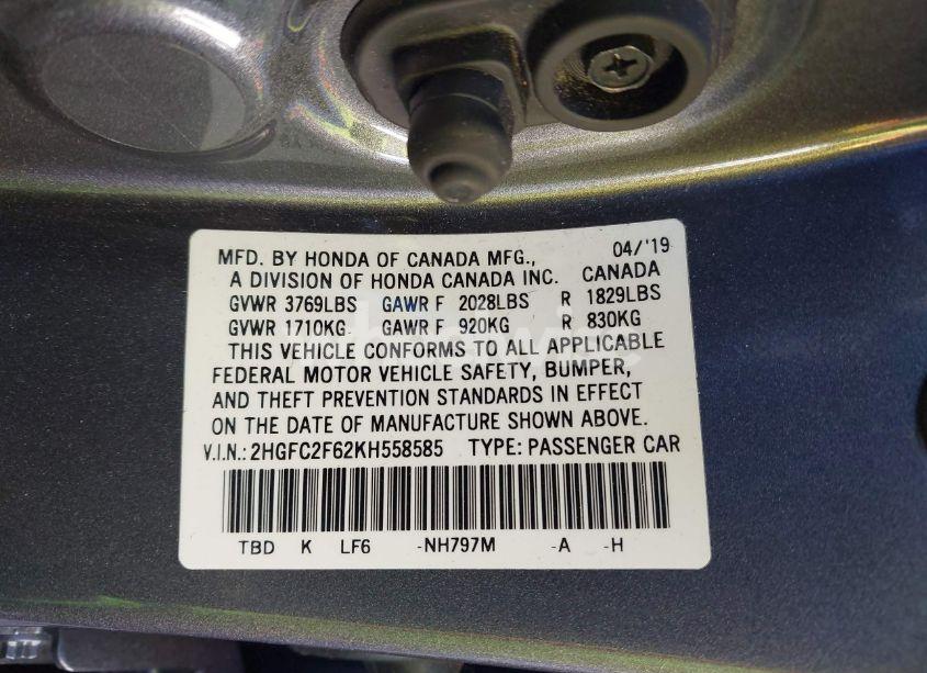 Photo 9 of 2019 Honda Civic LX (VIN 2HGFC2F62KH558585)