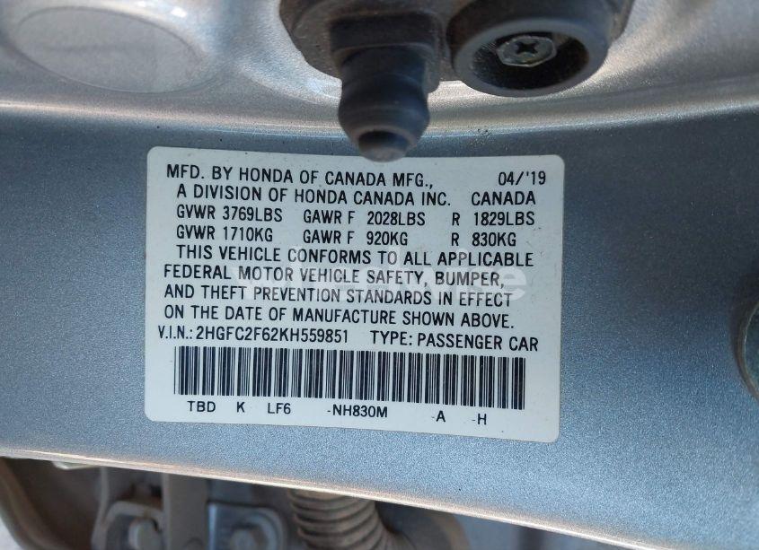 Photo 9 of 2019 Honda Civic LX (VIN 2HGFC2F62KH559851)