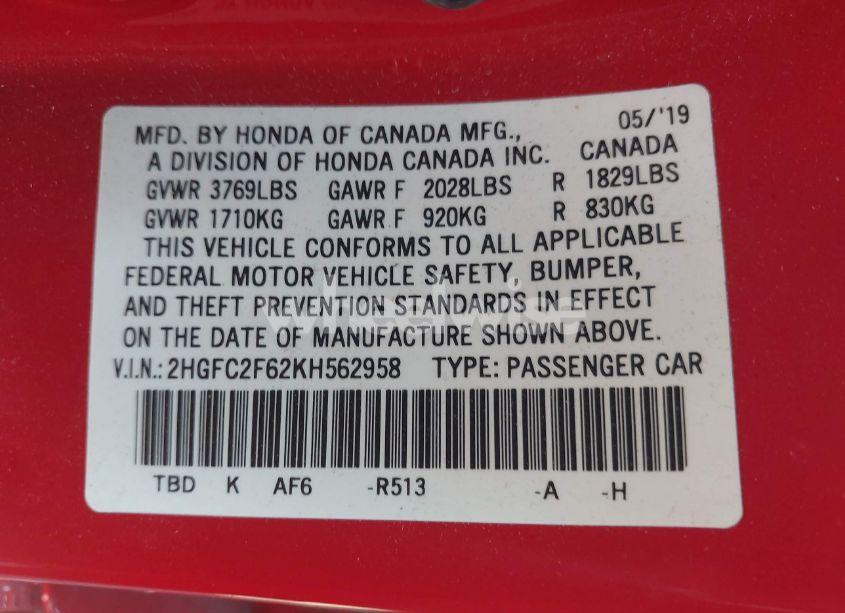 Photo 9 of 2019 Honda Civic LX (VIN 2HGFC2F62KH562958)