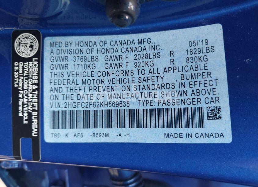 Photo 9 of 2019 Honda Civic LX (VIN 2HGFC2F62KH569635)