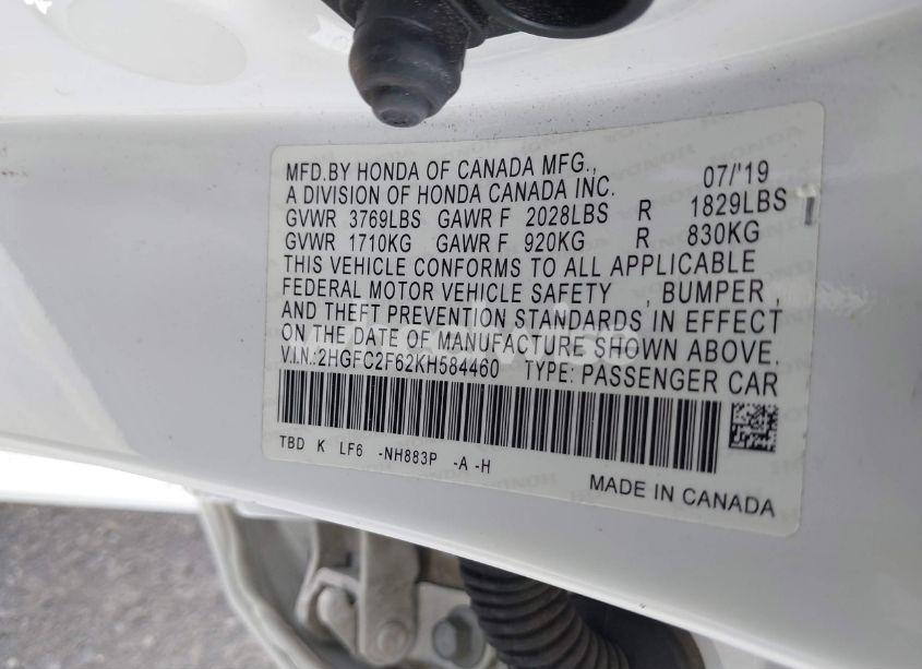 Photo 9 of 2019 Honda Civic LX (VIN 2HGFC2F62KH584460)