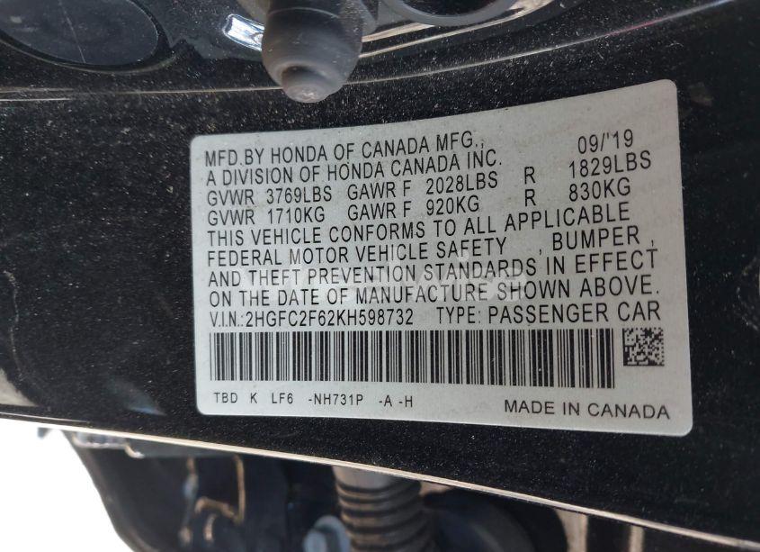 Photo 9 of 2019 Honda Civic LX (VIN 2HGFC2F62KH598732)