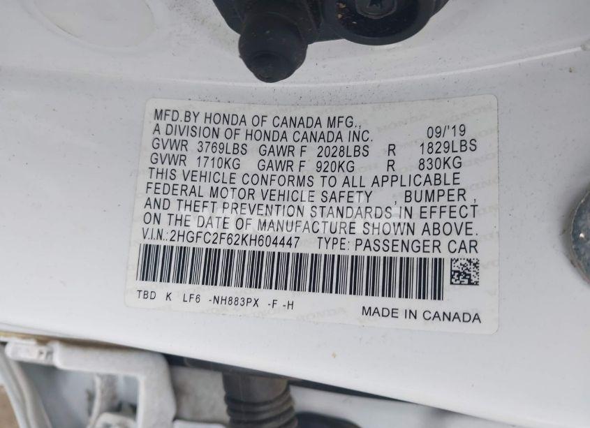 Photo 9 of 2019 Honda Civic LX (VIN 2HGFC2F62KH604447)