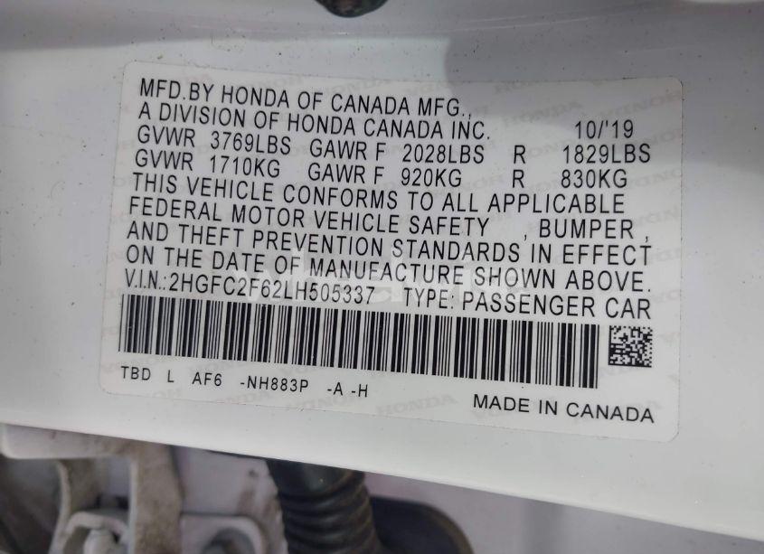 Photo 9 of 2020 Honda Civic LX (VIN 2HGFC2F62LH505337)