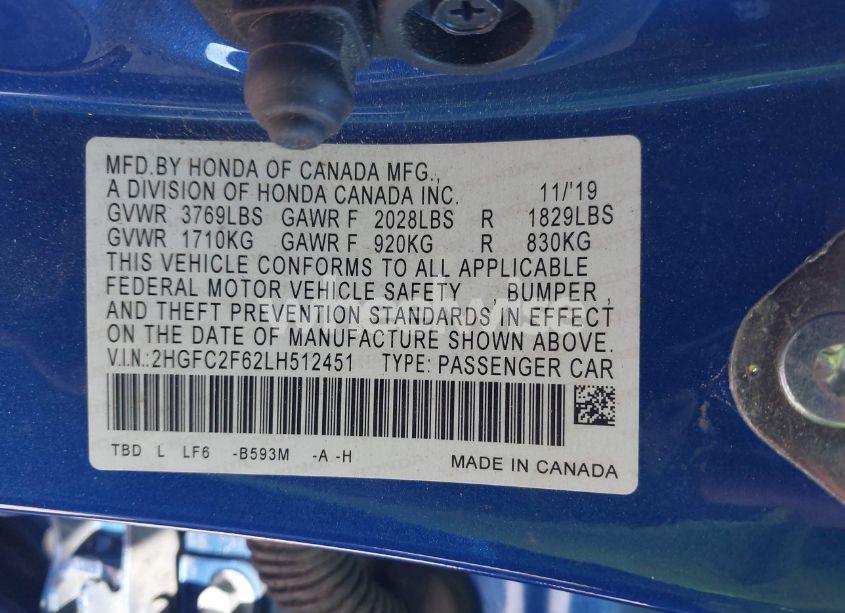 Photo 9 of 2020 Honda Civic LX (VIN 2HGFC2F62LH512451)