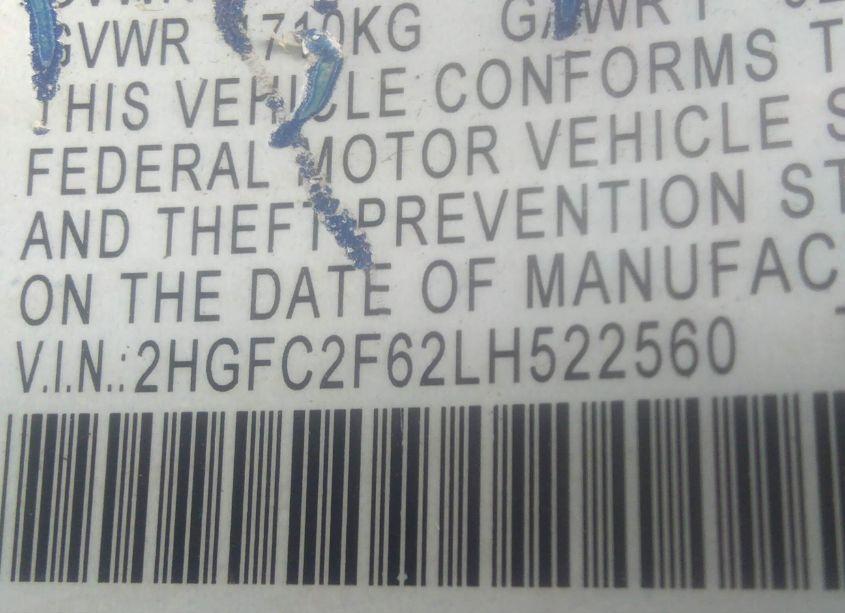 Photo 9 of 2020 Honda Civic LX (VIN 2HGFC2F62LH522560)
