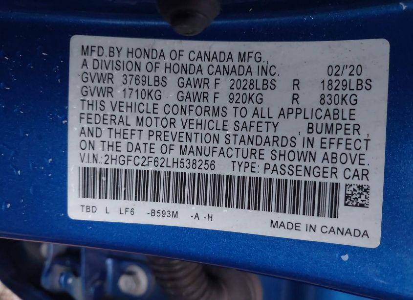 Photo 9 of 2020 Honda Civic LX (VIN 2HGFC2F62LH538256)