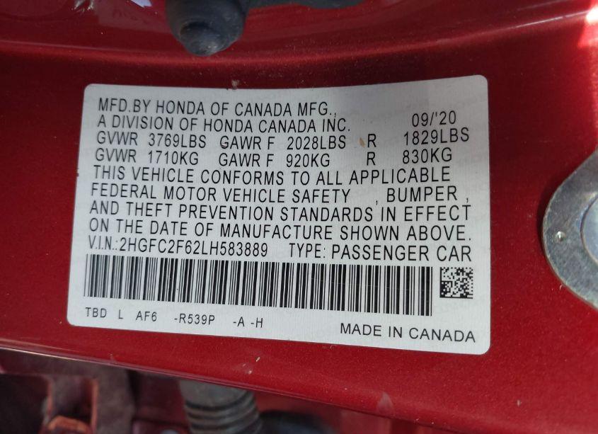 Photo 9 of 2020 Honda Civic LX (VIN 2HGFC2F62LH583889)