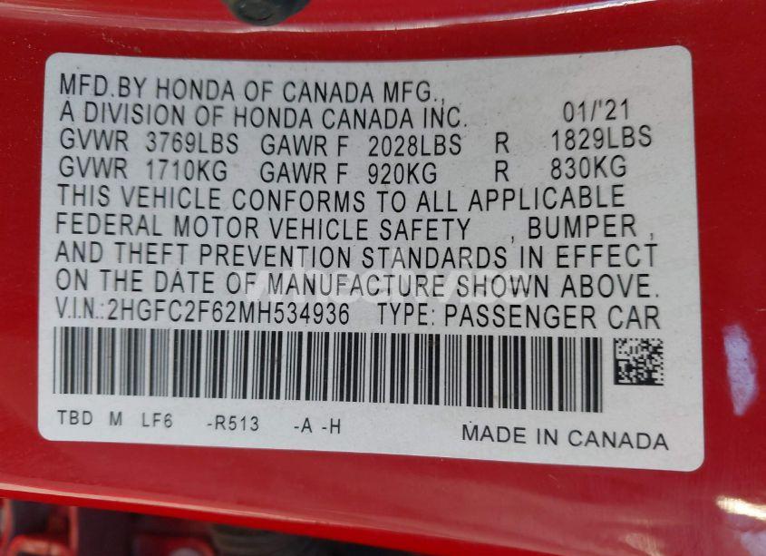 Photo 9 of 2021 Honda Civic LX (VIN 2HGFC2F62MH534936)