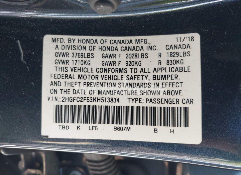 Photo 9 of 2019 Honda Civic LX (VIN 2HGFC2F63KH513834)