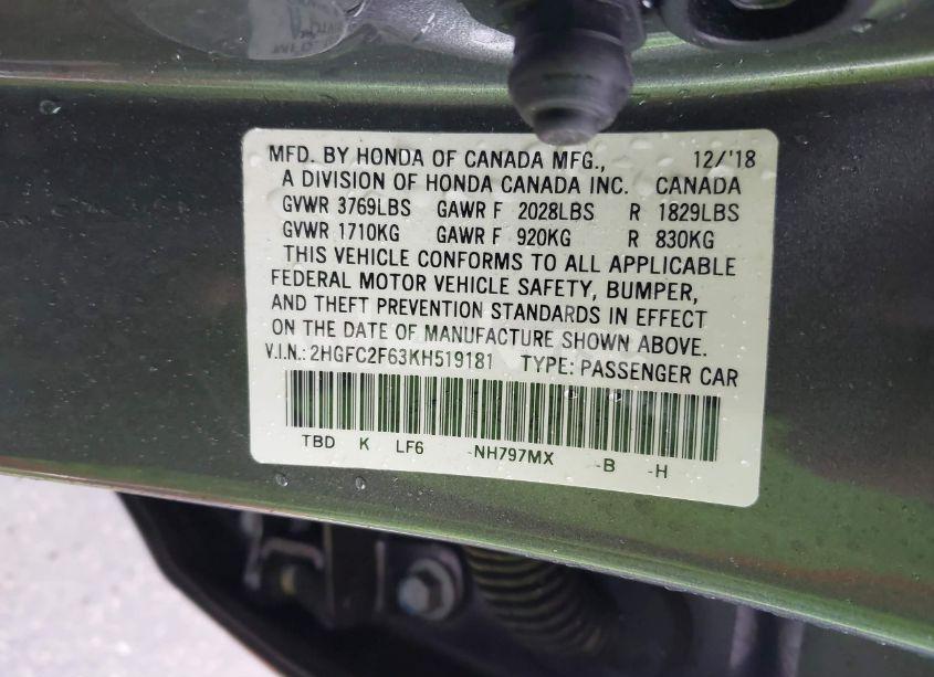 Photo 9 of 2019 Honda Civic LX (VIN 2HGFC2F63KH519181)