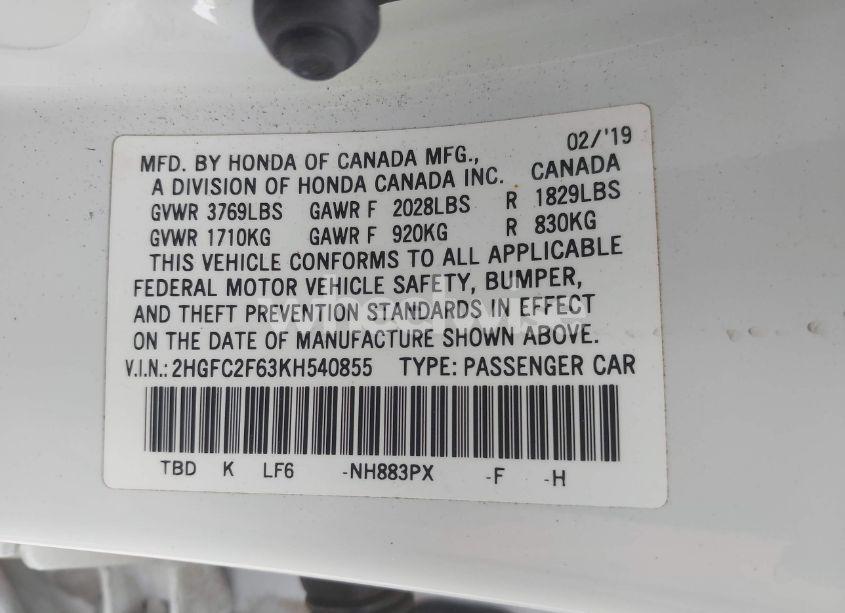 Photo 9 of 2019 Honda Civic LX (VIN 2HGFC2F63KH540855)